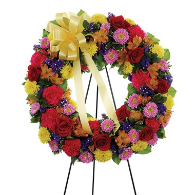 Multi-color standing sympathy wreath of flowers from Ingallina&#39;s Gifts