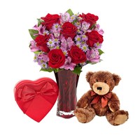 "Say it with Love" flower bouquet, plush brown bear and Harry London chocolates (BF385-11KMBNDL)